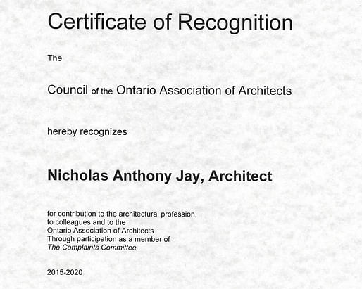 Certificate of Recognition from OAA to Nicholas Jay Architect