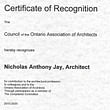 Certificate of Recognition from OAA to Nicholas Jay Architect