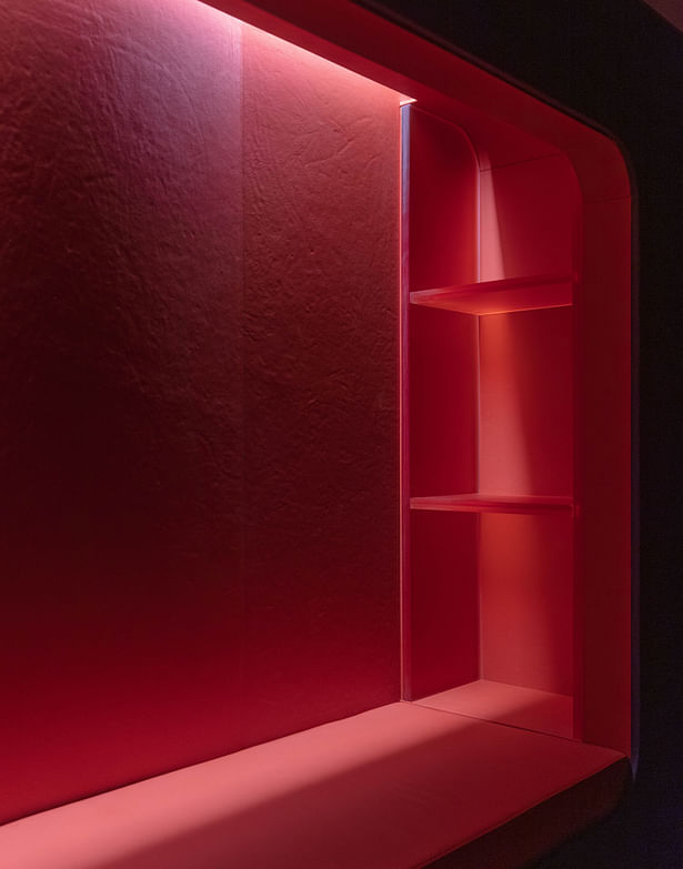 Illuminated custom ecoresin shelves. Each nook has concealed power outlets for study and reading devices.