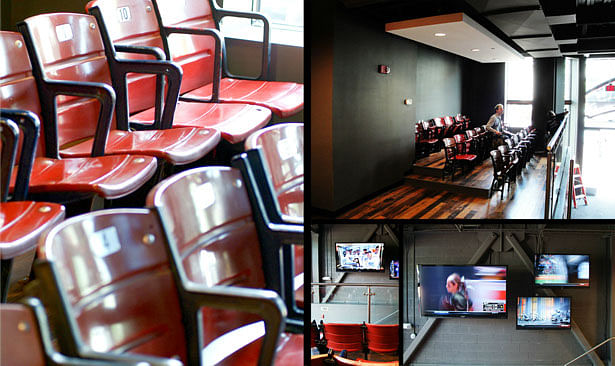 Fenway park style seating, overlooks television screens displaying sports games 