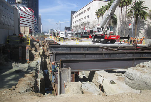 Photo showing subway construction along LA's Miracle Mile district in 2020. Photo courtesy of LA Metro/<a href="https://www.flickr.com/photos/metrola/">Flickr</a>