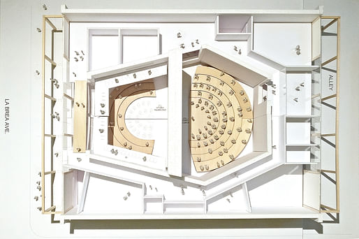 Aerial model view of the Judith and Thomas L. Beckmen YOLA Center @ Inglewood, rehearsal configuration. Photo courtesy of Gehry Partners, LLP.