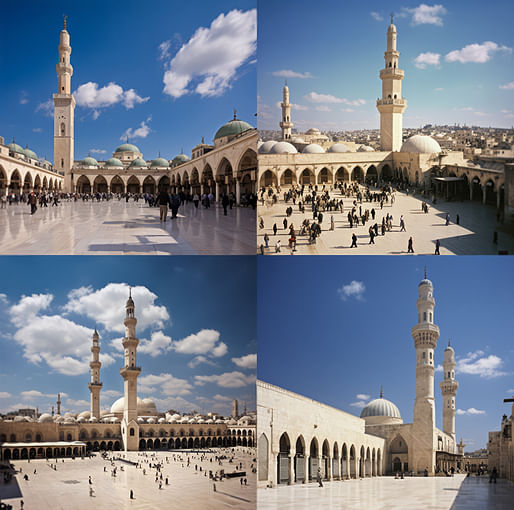 Midjourney AI-generated photos using the prompt “The Umayyad Mosque has three minarets." Image: DOI: 10.3390/buildings14030786/University of Sharjah