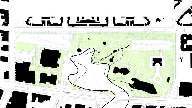 The 2014 site plan f0r Peter Zumthor's proposed LACMA in which the design pulls back from the La Brea tar pits. The dotted line is the initial design. (Atelier Peter Zumthor & Partner). Image via latimes.com.