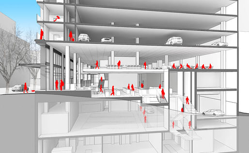 Designing parking garages, that can convert into housing as mobility habits and ownership models evolve over time, demands new approaches like LMN Architects' proposed Seattle tower at 4th and Columbia. (Image: LMN Architects; via wired.com)