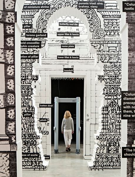 The 'door' room from Koolhaas's Fundamentals show has life-size replicas of various historical doors from China, India, Italy and USA, plus an airport security scanner. Photograph: David Levene for the Guardian 