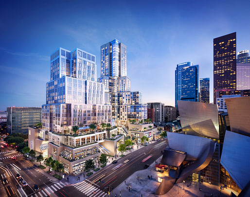 Rendering of the Gehry Partners-designed The Grand mixed-use development in Downtown Los Angeles. Rendering courtesy of Red Leaf / Related-CORE.
