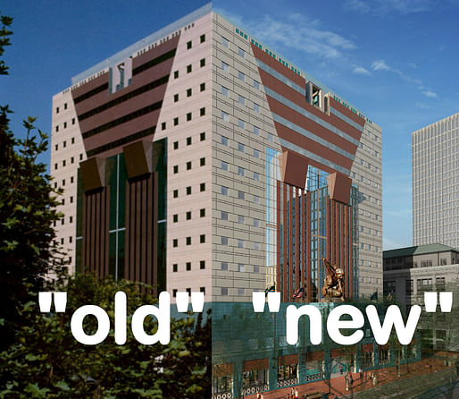 A side-by-side comparison of the old and new Portland Building facades. 