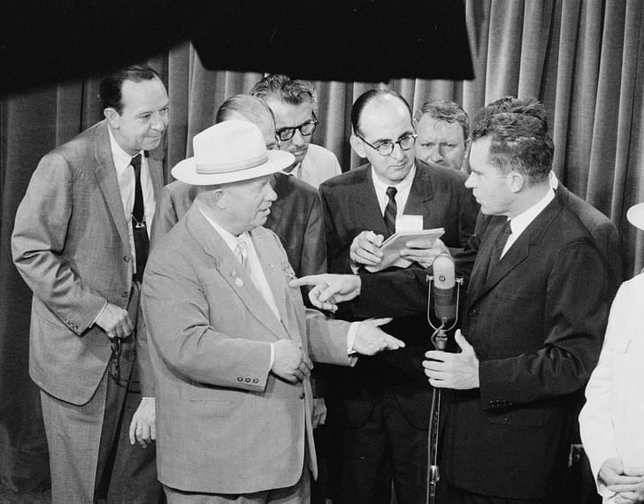 Soviet Premier Nikita Khrushchev and United States Vice President Richard Nixon debate the merits of communism versus capitalism in a model American kitchen at the American National Exhibition in Moscow (July 1959). Photo by Thomas J. O'Halloran, Library of Congress collection, via wikipedia.com