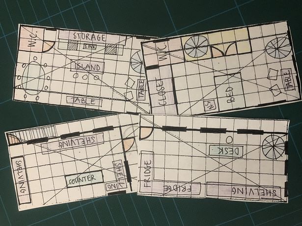 Final floor plans. Bottom left is the first floor, bottom right is the second floor, top left is the third floor, and top right is the fourth floor.