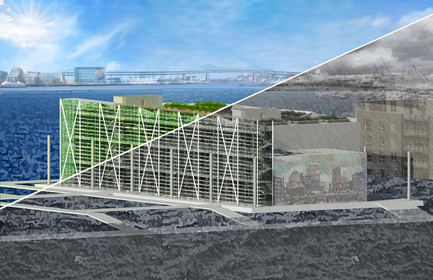 Exterior rendering showing wet vs. dry conditions.