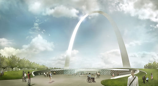 Entry of the new St. Louis Gateway Arch Museum by Michael Van Valkenburgh Associates, Cooper Robertson, and James Carpenter Design Associates. Image courtesy of the architects.