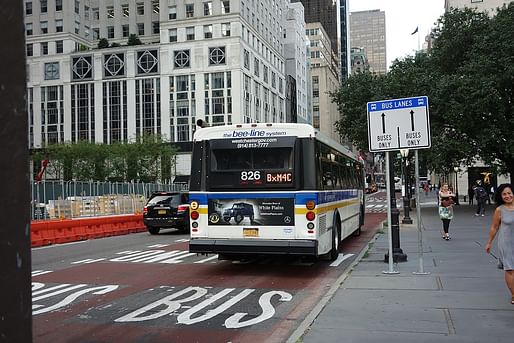 New York City has debuted a new car-free street running east-west through Manhattan. Shown: a view of a similar express bus lane located on 59th Street. Image courtesy of Wikimedia user Tdorante10. 