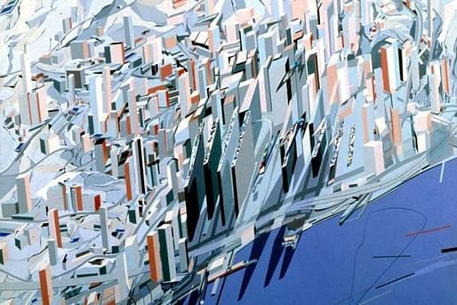 Hadid's Hong Kong painting, part of her proposal for the Peak, a recreational center in Hong Kong. Hadid presents on the project in her 1985 SCI-Arc lecture.