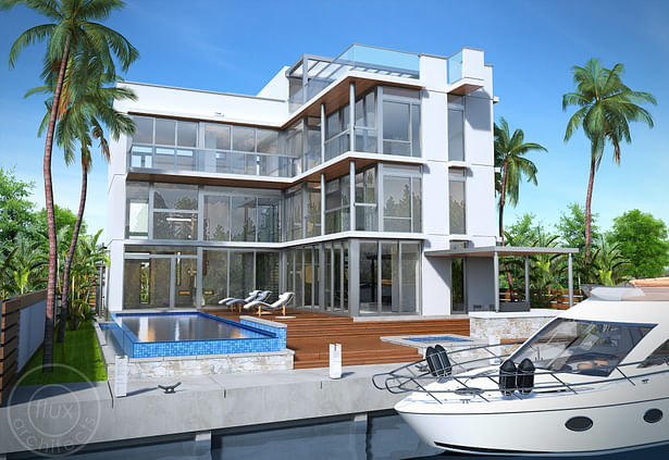 Backyard boat dock to waterfront private residence near Miami, Florida. Modern, contemporary, sleek, architecture, design.