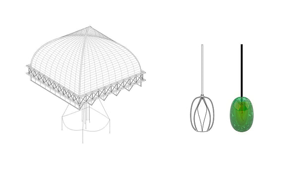 Dome axonometric and blown-glass lamp design