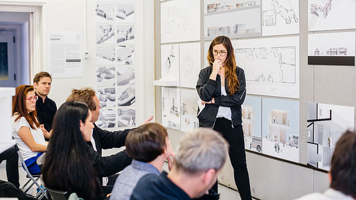 Student presenting during RUMBLE, UCLA's student exhibition. Image courtesy of UCLA Architecture and Urban Design