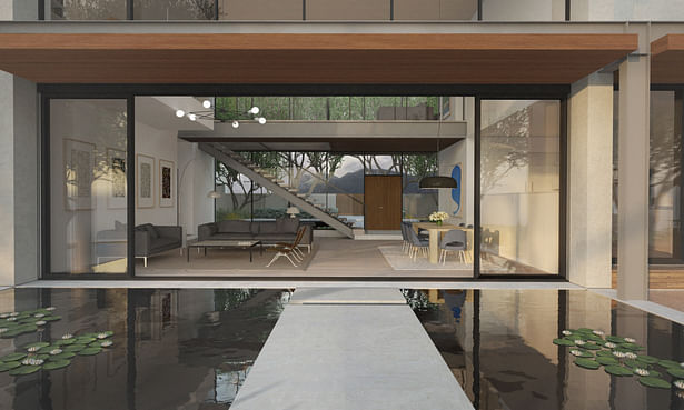 Looking over the koi pond bridge from the rear terrace to the main living space. Full height sliding doors helps create a connection between the interior and exterior.