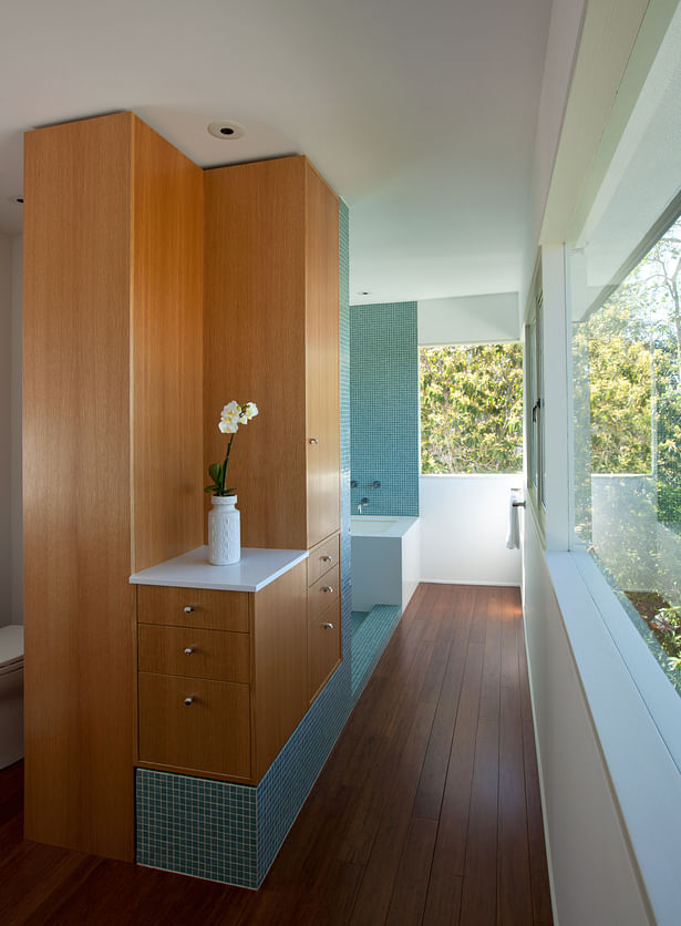 The bathing area designed as a tiled module insert seems to float upon the dark bamboo floors.