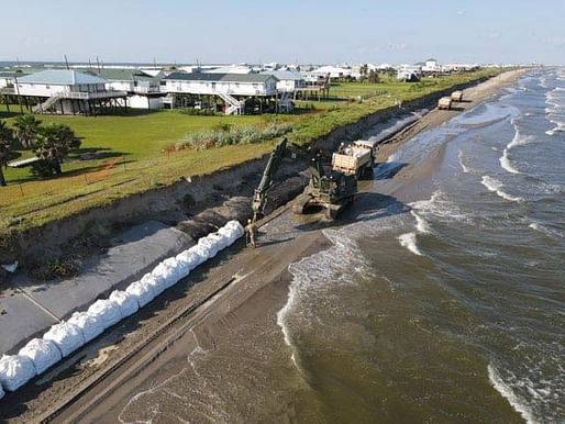 Louisiana National Guard Soldiers with the 843rd Engineer Company worked around the clock to assist local and state agencies to reinforce the exposed burrito levee in Grand Isle in preparation for Tropical Storms Marco and Laura, later a Hurricane in August 2020. Photo courtesy Louisiana National Guard.