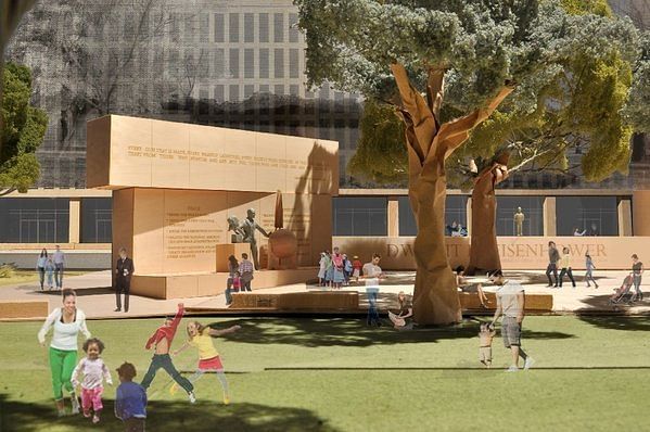 A model image, provided by the Eisenhower Memorial Commission, shows the proposed Dwight D. Eisenhower Memorial to be built in Washington. The design is by architect Frank Gehry. (Associated Press _ March 17, 2013)