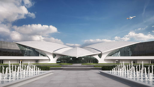 Rendering of the TWA Hotel, scheduled to open adjacent to Eero Saarinen's landmark building at JFK Airport in Mai 2019. Image via TWA Hotel's website.