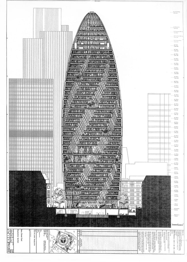 As this diagrammatic section through a near-final version of the tower shows, atriums two and six floors tall link many of the office floors. Foster + Partners, Sheet PA1202, “Bury Street East Illustrative Section,” from a drawing set submitted with the final planning application for 30 St Mary Axe, July 1999. Courtesy of Foster + Partners.
