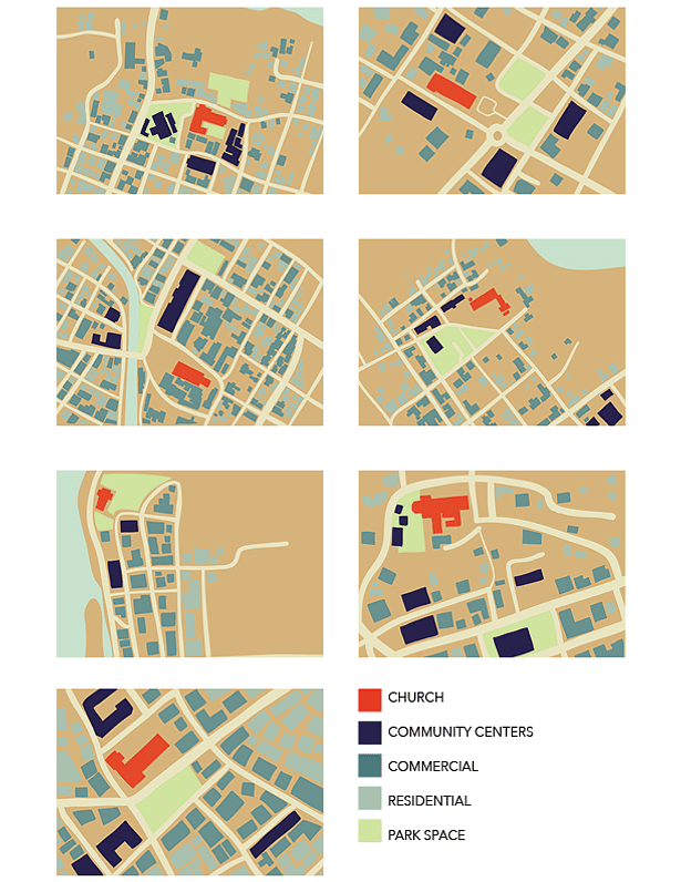 Diagram showing the church as a common building typology in multiple Philippine coastal provincial towns.