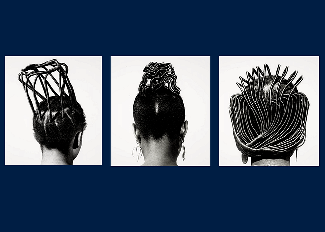 “Suko Sinero Kiko, from the series Hairstyles,” by J.D. Okhai Ojeikere, 1974, printed 2013. Gelatin silver print 60x50 cm. The Museum of Fine Arts, Houston. Museum | IMAGE- J.