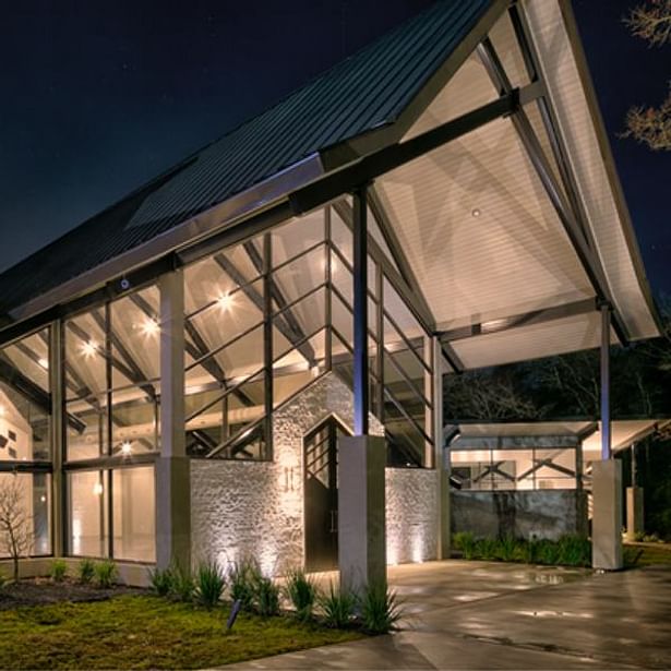 Angled view of front of chapel 