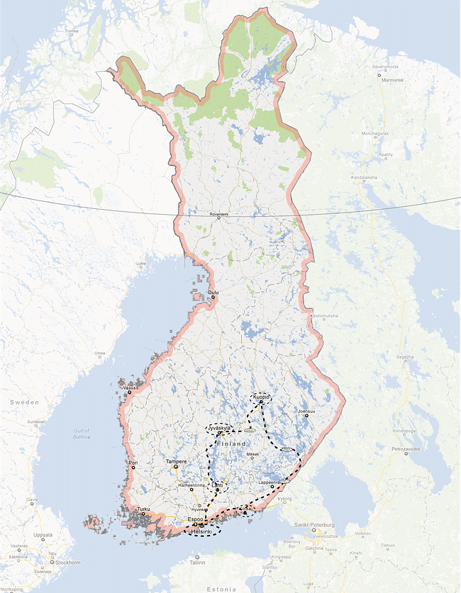 Route of the Finnish Lakelands excursion. Map by Jennifer Wong.