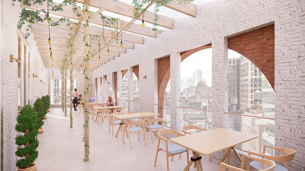 The restaurant boasts of a rooftop loggia that flaunts the large arched windows of the existing building.