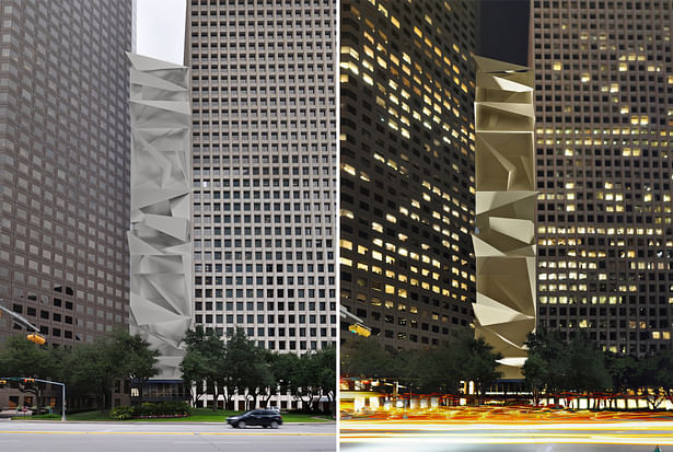 Houston Inhabitation (2013) // photoshop // Taking the models from the “Occupy” project, I stacked them into a tower and placed them in between the two Allen Center buildings in downtown Houston. I imagine the space to act as a connecting area between the two buildings. Compression and verticality is a prominent factor in this model and as shown in the night view of the structure there are varied levels of depth in the space.