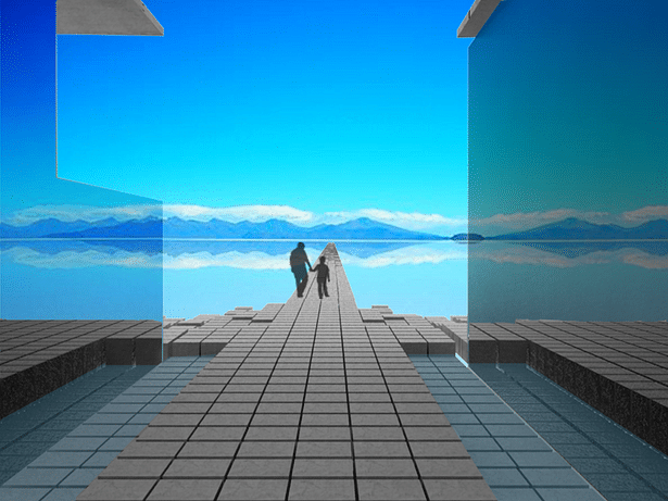 View of Flooded Salt Flats from Between Reflective Glass Clad Buildings | VRay Render and Photoshop