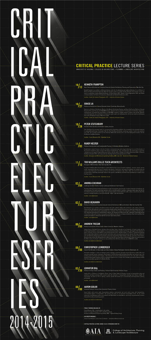 Critical Lecture Series 2014-15 at University of Arizona College of Architecture + Planning + Landscape Architecture. Poster courtesy of University of Arizona CAPLA.