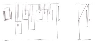 Exhibition space sketches, showing 'pulley technique'.