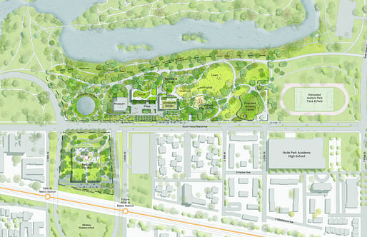 Proposed site plan of the combined park and parking facility for the Obama Presidential Center in Jackson Park on Chicago's South Side (status August 2017). Image courtesy of Obama Foundation.
