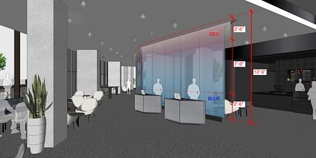 The Reception 'Blade Wall' design I'm currently working on for Equinox. The 'polished' steel option with red and blue hues. Designed in Sketch Up.