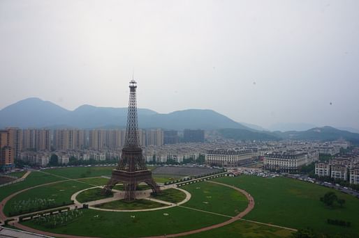 An Eiffel Tower replica in Hangzhou, China. Image: Wikimedia Commons user <a href="https://commons.wikimedia.org/wiki/File:201806_Tianducheng_Bird-eye_View.jpg">MNXANL</a>
