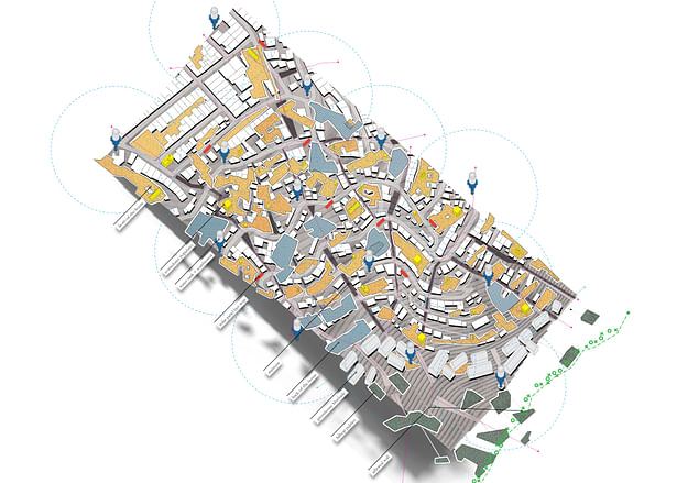 model, collage / urban model - 01 / social and economic hyperlinking to form potlucks; 02 / network of roads, bus stops and staircases; 03 / network of water tanks; 04 / blockage of greenhouses, 05 / spread of comedores populares; 06 / arboreal wall