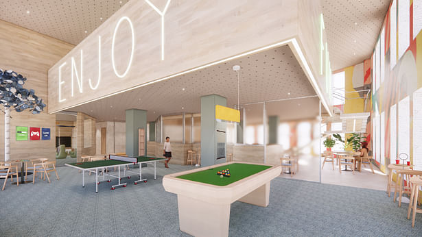 The media room is a recreational space where guests can play board games, ping pong, and pool. It is strategically located underneath the gym to emphasize movement.