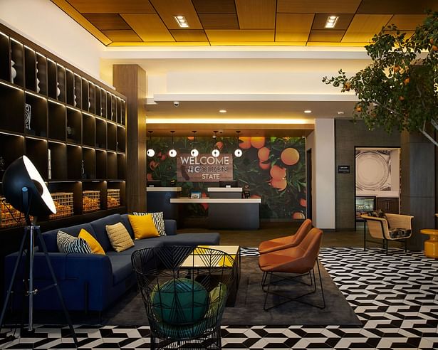 Studio HBA conceived an interior design narrative that salutes the San Fernando Valley region's cinematic roots and citrus industry heritage for the redesign of Hampton Inn & Suites by Hilton Los Angeles/Sherman Oaks. (Photo credit: Sean Moore)