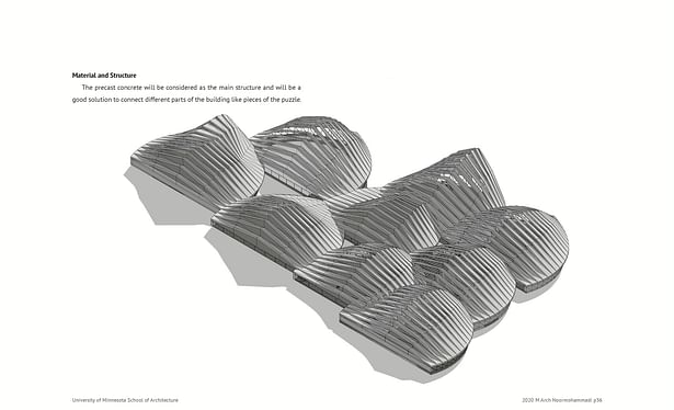 Material and Structure The precast concrete will be considered the main structure and an excellent solution to connect different building parts like puzzle pieces. 