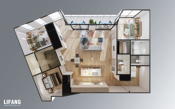 3D Top view of the home design rendering by Lifang Vision