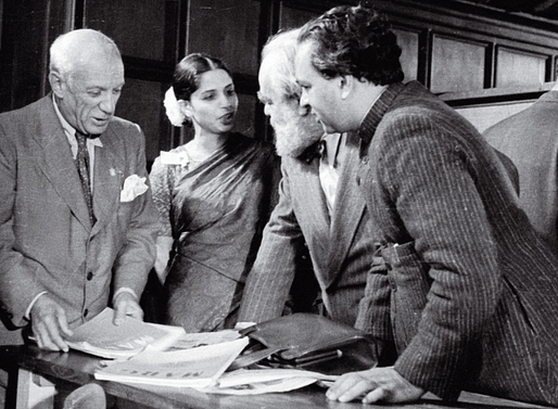 Minnette De Silva with Pablo Picasso, Jo Davidson and Mulk Raj Anand in 1948.