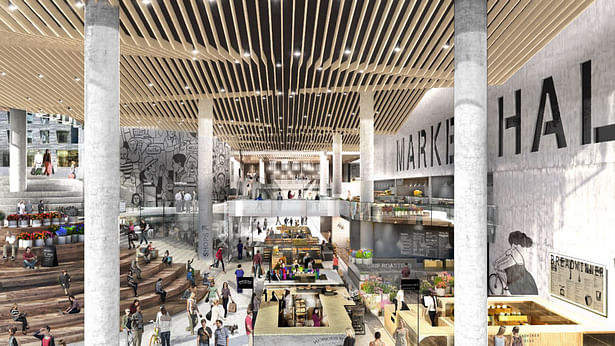 Views of Market Hall along Brannan Street showing entry to public Brannan Plaza 