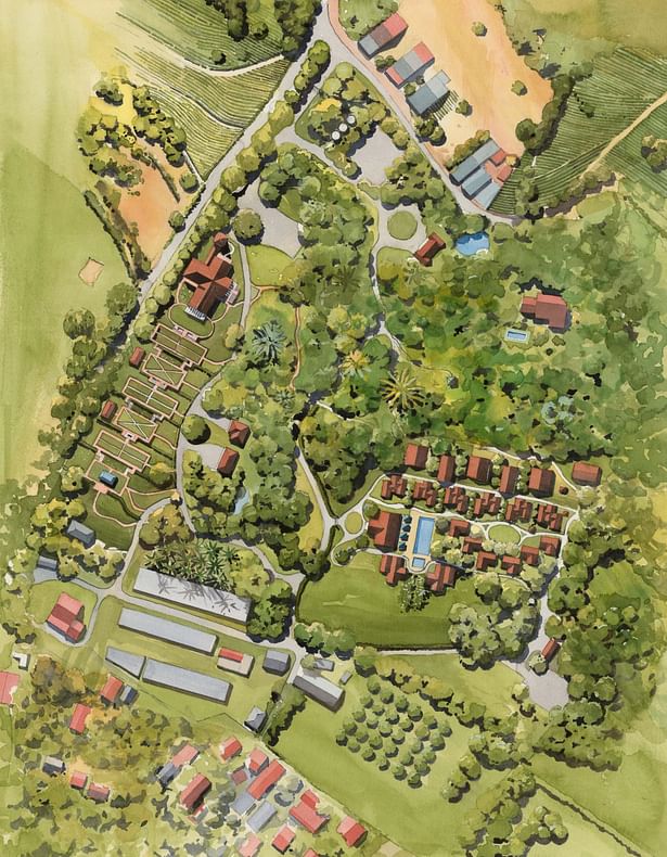 Watercolor site plan showing the proposed completed farm
