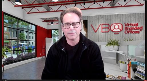 Ken Gruskin with his company's "virtual branded office" video background. All images: Gruskin Group