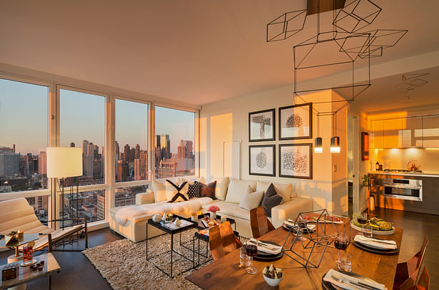 Living room drenched with warm light of the setting sun