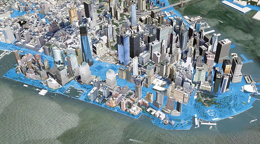 A computer simulation of flooded zones in New York in 2050, based on calculations by the New York Office of Long-Term Planning and Sustainability. According to calculations, the sea level in the city could rise by more than three-quarters of a meter (2.5 feet) by 2050, and by one-and-a-half meters 30 years later. (Caption & Image: Der Spiegel)